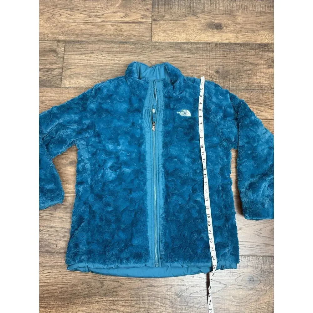 Girls The North Face Mossbud Faux Fur Coat Youth XL Reversible Teal Blue Sz 18